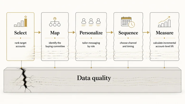Five AI-driven ABM execution levers shown as a compounding chain sitting on a shared data-quality foundation