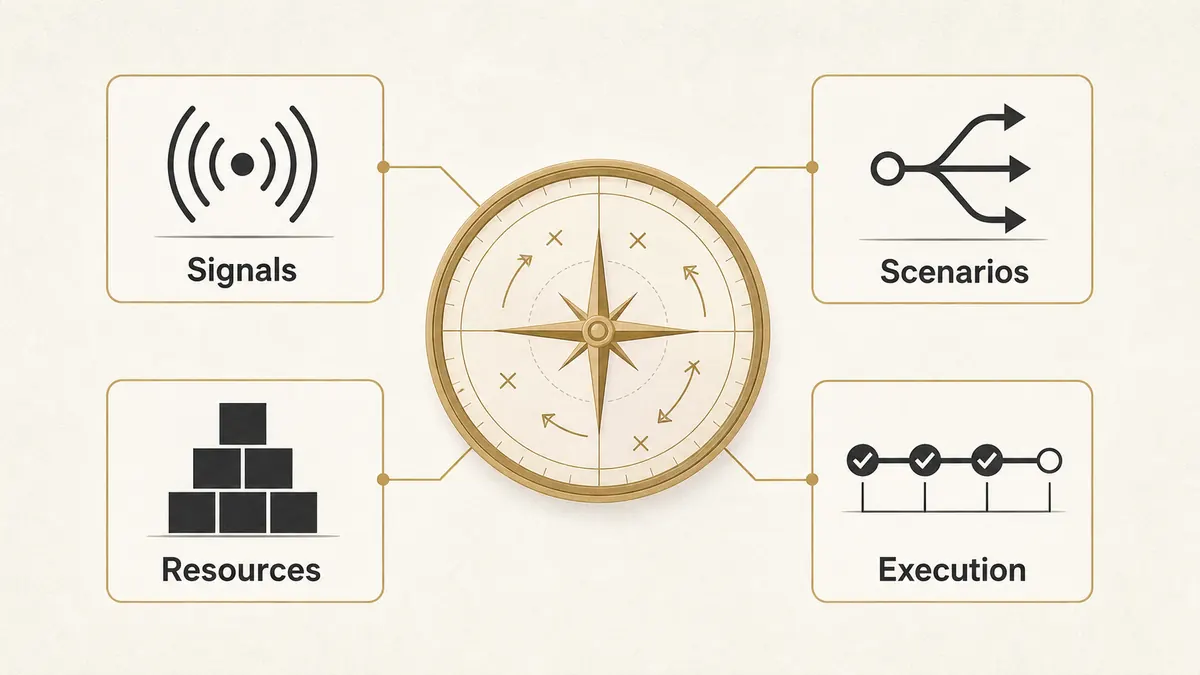 AI for strategic planning workflow showing signals, scenarios, resources, and execution around a decision compass