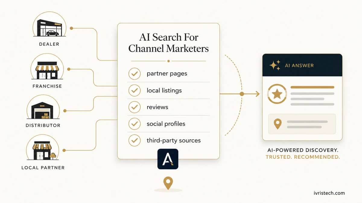 Editorial illustration showing an AI search checklist for channel marketers, with partner pages, local listings, reviews, social profiles, and third-party sources feeding into an AI answer card.