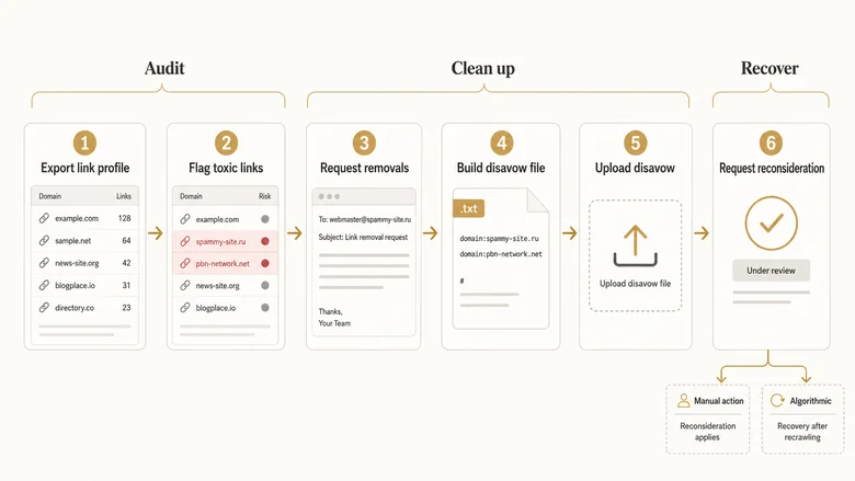 Six-step workflow to audit backlinks, build a disavow file, and file a reconsideration request to recover from a penalty