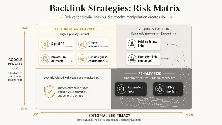 Quadrant chart sorting link building tactics from safe editorial links to high-risk PBNs that trigger Google penalties