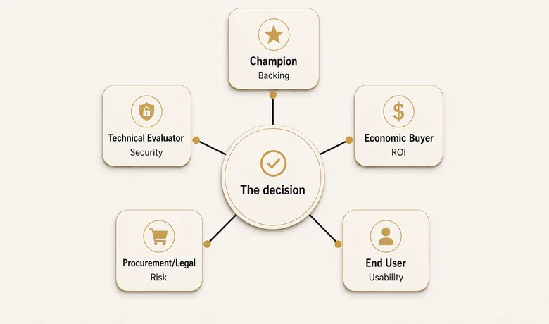 B2B buying committee role map showing champion, economic buyer, technical evaluator, end user, and procurement and what each role evaluates