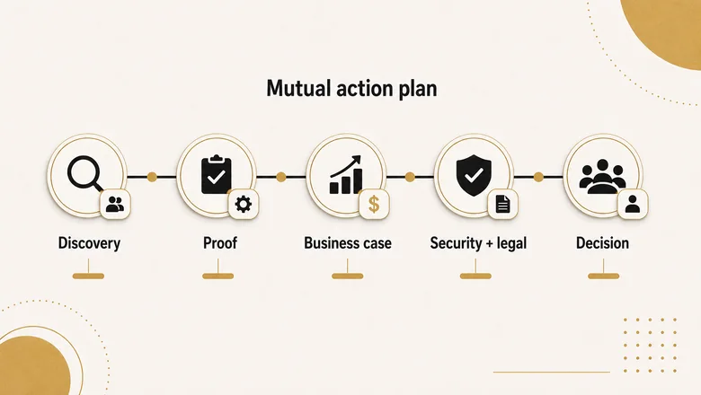 Mutual action plan timeline showing a buying committee moving through agreed dated steps toward a shared decision
