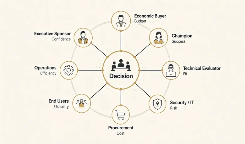 The B2B buying committee mapped as six to ten roles, from economic buyer and champion to procurement and end users