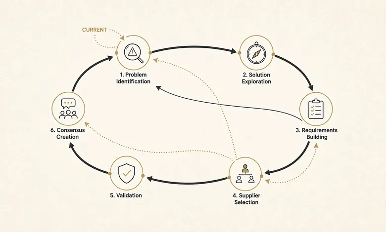 B2B buying journey model showing the six non-linear buying jobs buyers loop through before a purchase