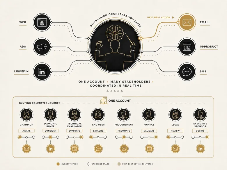 B2B customer journey orchestration coordinating a buying committee across channels and funnel stages under one account