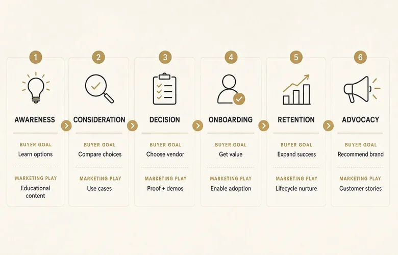 Diagram of the six B2B customer journey stages from awareness to advocacy with the buyer goal and marketing play at each stage