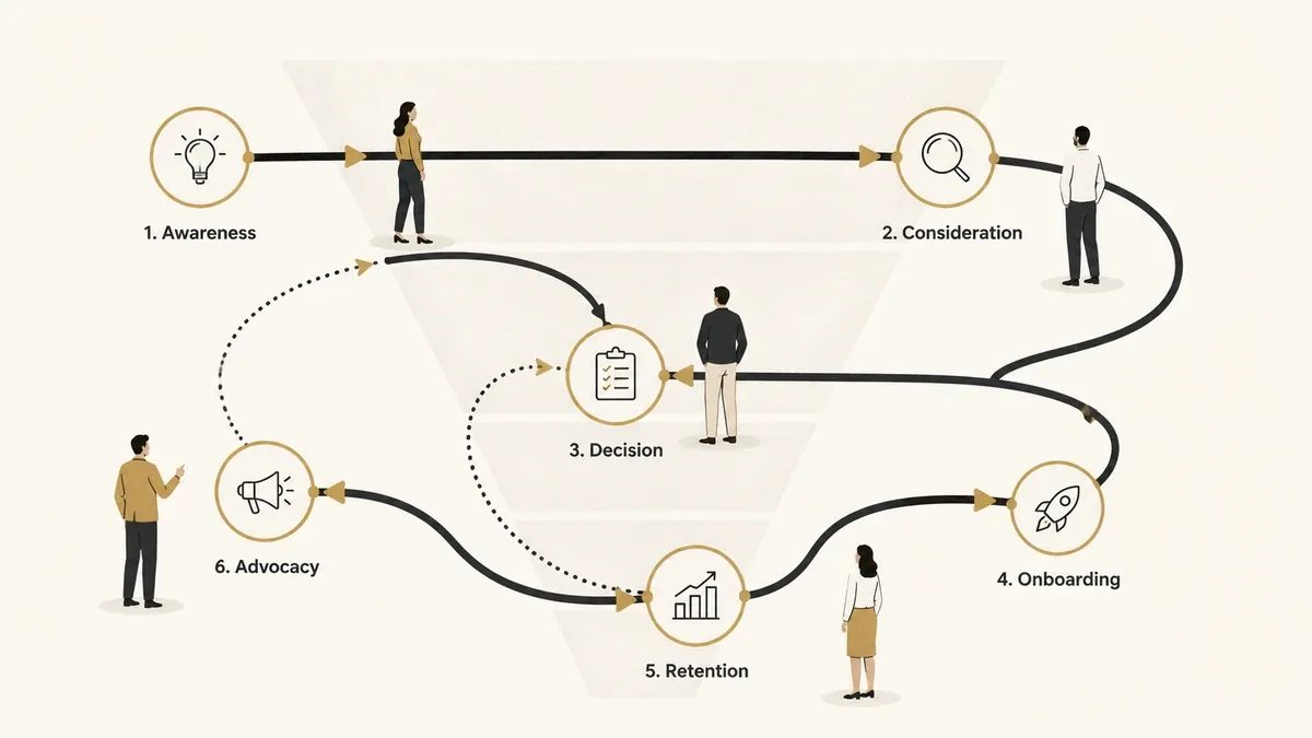 B2B customer journey showing awareness, consideration, decision, onboarding, retention, and advocacy stages