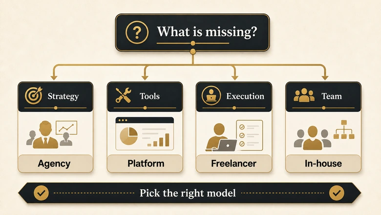 Decision tree for choosing between in-house, agency, platform, or freelancer B2B email marketing services by skill, budget, and program maturity