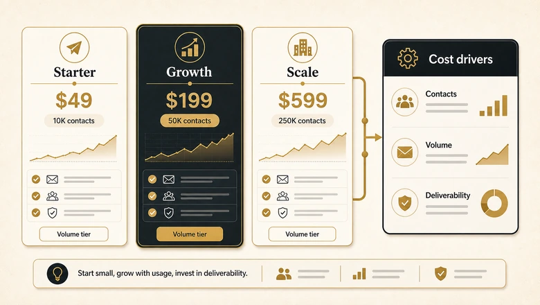 B2B email marketing platform pricing page showing contact-based and volume-based tiers used to compare service costs