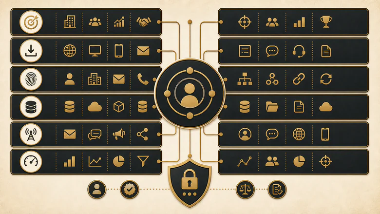 Six-layer B2B first-party data operating architecture diagram showing purpose, collection, identity, systems of record, activation and measurement layers