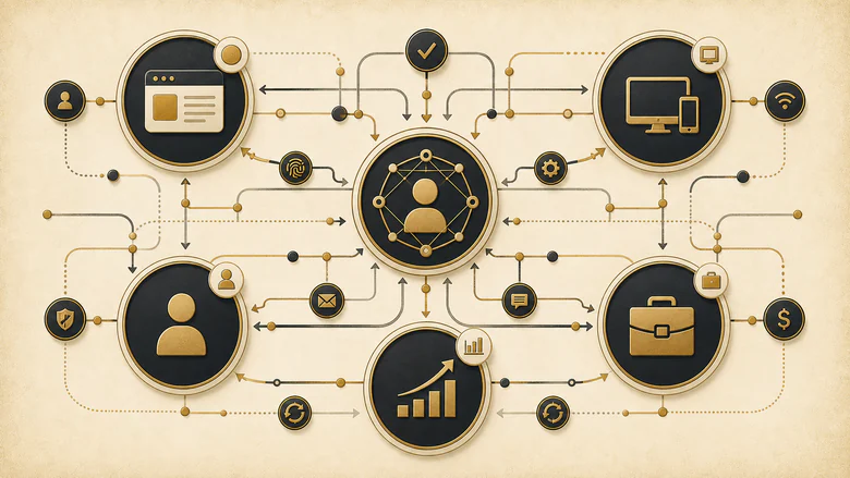 B2B identity model diagram showing session, device, person, account and opportunity entities with many-to-many relationships and namespaces