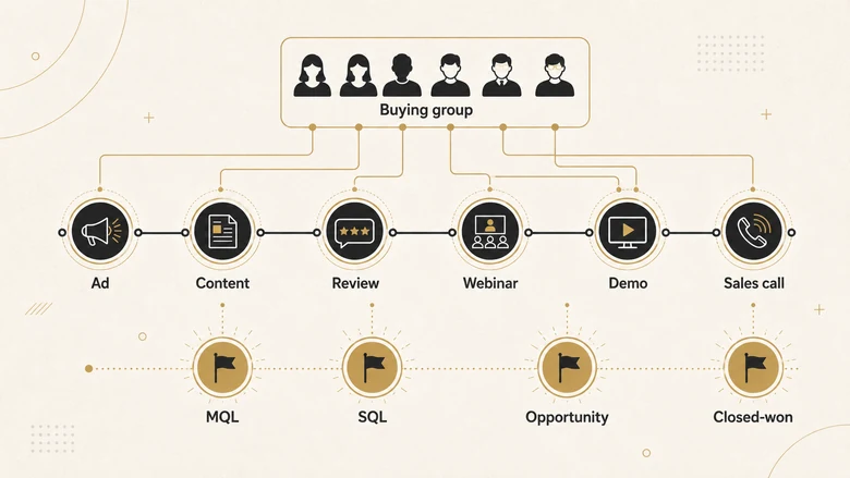 B2B customer journey touchpoints mapped to MQL, SQL, opportunity and closed-won revenue milestones with a buying committee