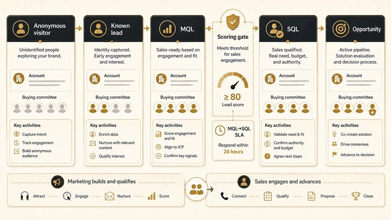 The B2B lead lifecycle from anonymous visitor through MQL and SQL to opportunity with scoring gates at the handoff