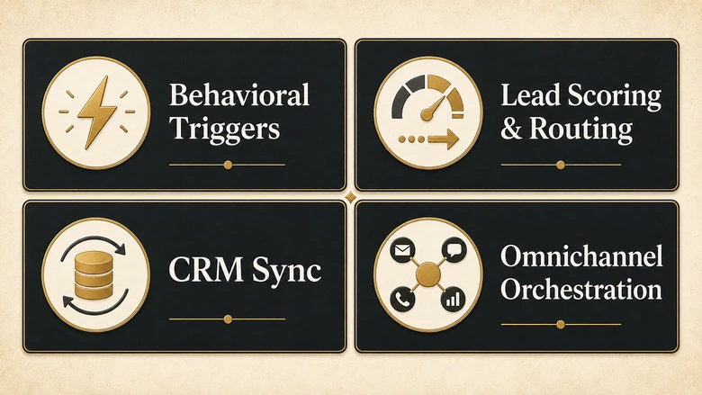 The four jobs B2B marketing automation does: behavioral triggers, lead scoring and routing, CRM sync, and omnichannel orchestration
