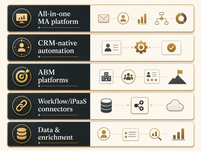 The five-layer B2B marketing automation stack from platform down to data and enrichment