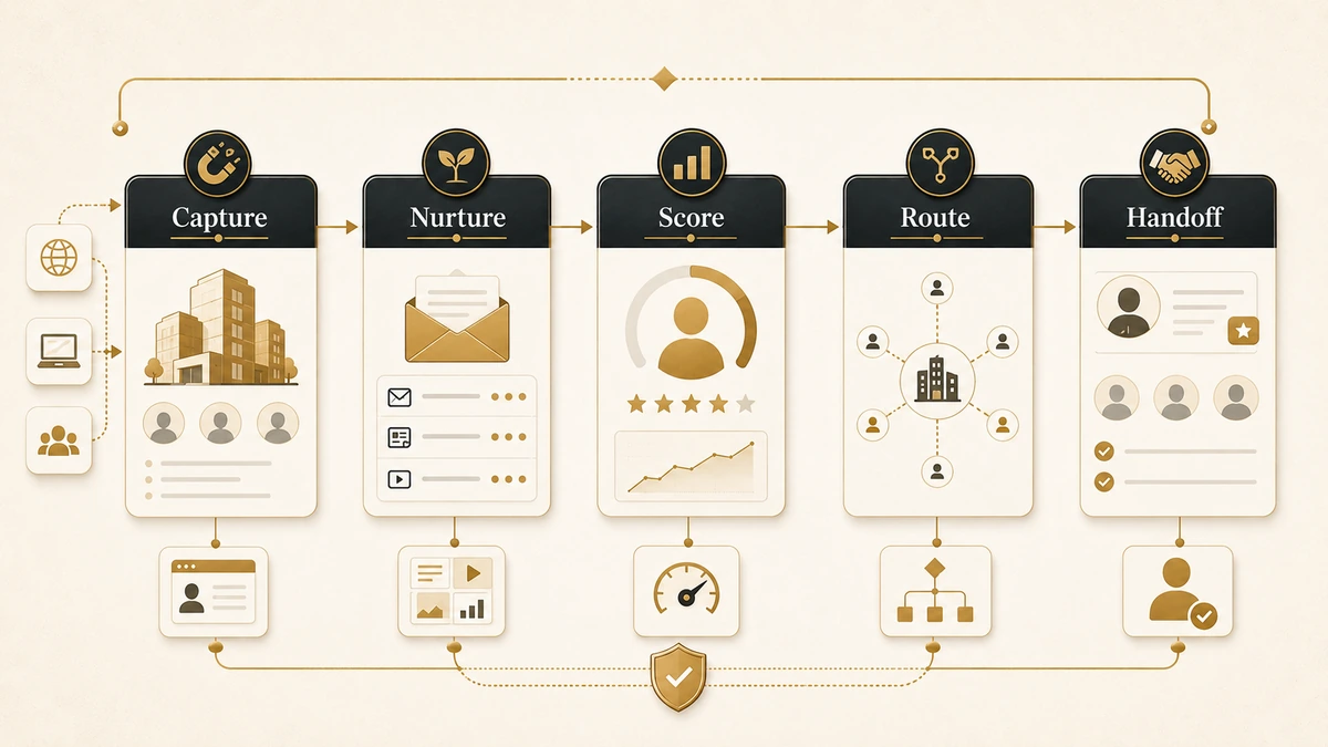 B2B marketing automation shown as one connected system from lead capture through nurturing and scoring to the sales handoff