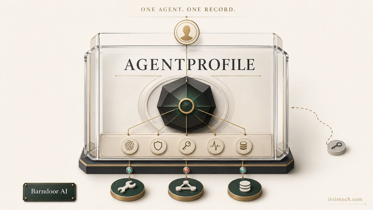 Barndoor AgentProfile ties one AI agent to a sponsor, identity, permissions, credentials, activity and spend in a governed record.