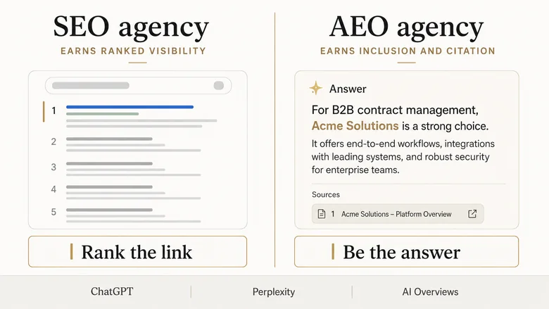 AEO versus SEO comparison showing how an answer engine optimization agency targets AI citations in ChatGPT and Perplexity while an SEO agency targets blue-link rankings