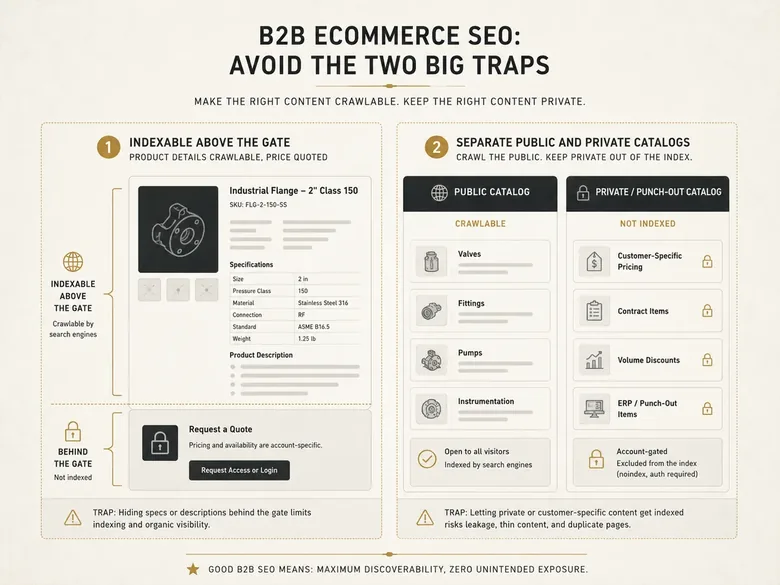 B2B ecommerce platform SEO diagram showing indexable content above a gated price and a public versus private catalog split