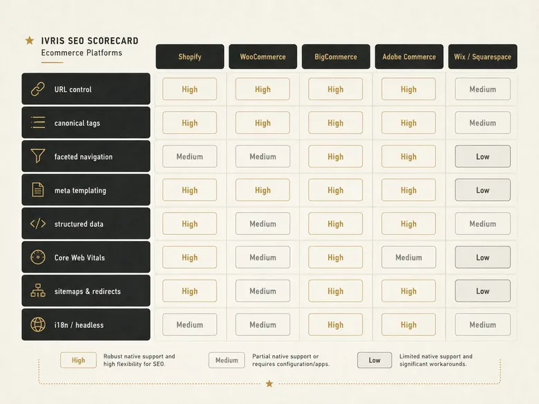 Scorecard comparing the best ecommerce platform for SEO across eight capability axes like URL control, canonicals, and faceted navigation