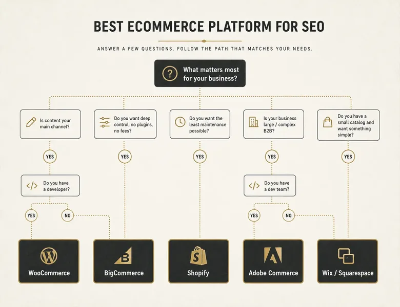 Decision framework flowchart matching catalog size and team skill to the best ecommerce platform for SEO