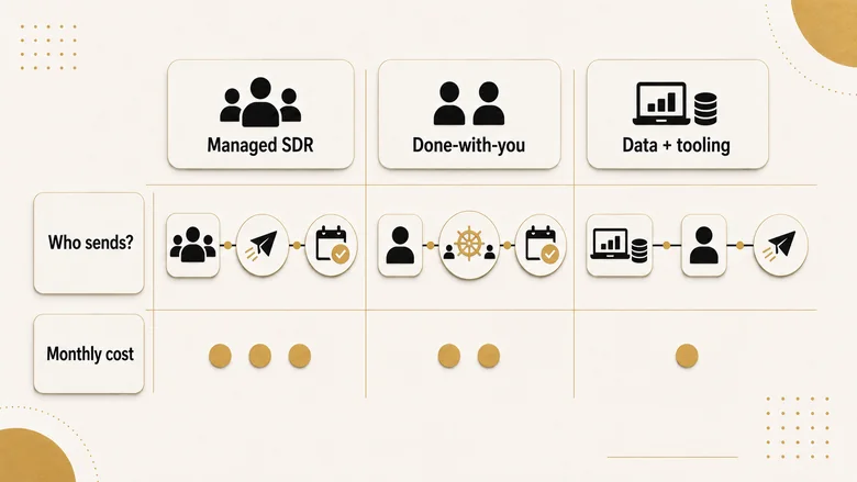 Three outbound agency models compared: managed SDR-as-a-service, done-with-you, and data plus tooling, sorted by who runs the sending