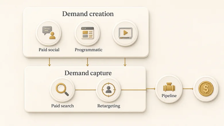 B2B full-funnel paid media map showing demand creation and demand capture across paid search, paid social, and programmatic