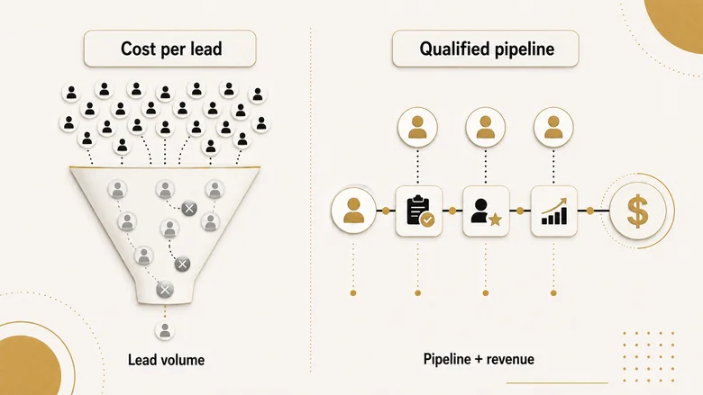 Diagram contrasting a performance agency optimizing to cost per lead versus optimizing to qualified B2B pipeline and revenue