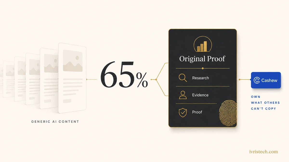 Editorial illustration showing a 65% differentiation anxiety statistic, generic AI content cards, and an original proof card representing proprietary research.