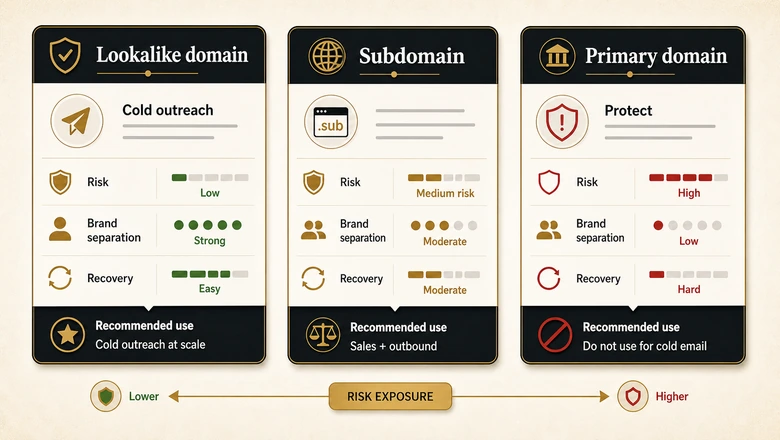 Decision visual comparing a separate lookalike cold email domain, a subdomain, and the primary domain by risk and use case