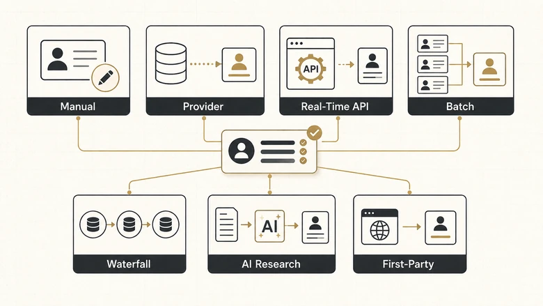 Seven contact data enrichment techniques for B2B teams, from manual verification and APIs to waterfall enrichment and AI research