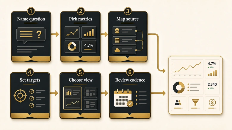 Six-step flow to build a content marketing metrics dashboard, from naming the question to setting targets and cadence