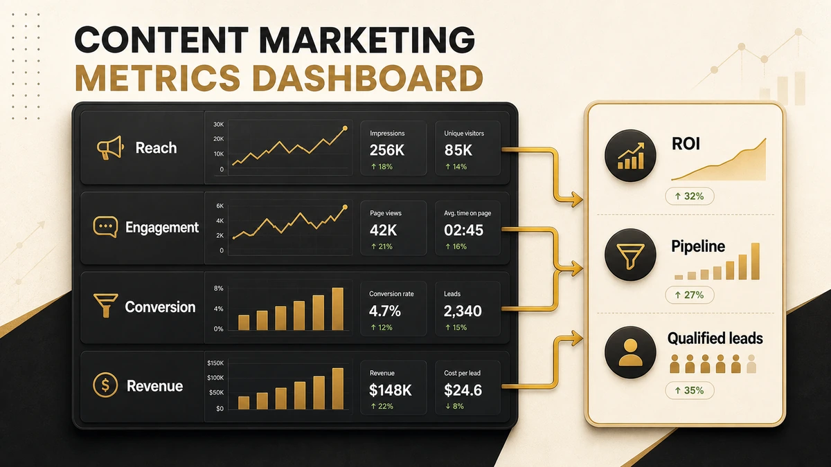 Featured image for a content marketing metrics dashboard showing funnel layers, ROI metrics, and decision panels