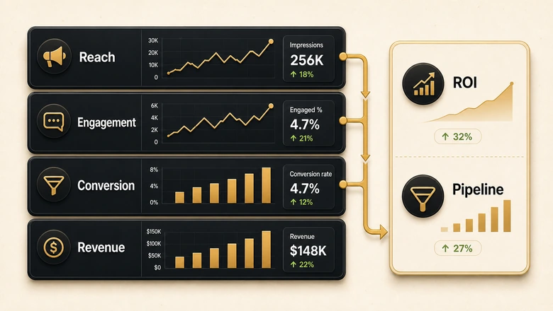 Content marketing metrics dashboard funnel layers: reach, engagement, conversion, and revenue stacked with example metrics