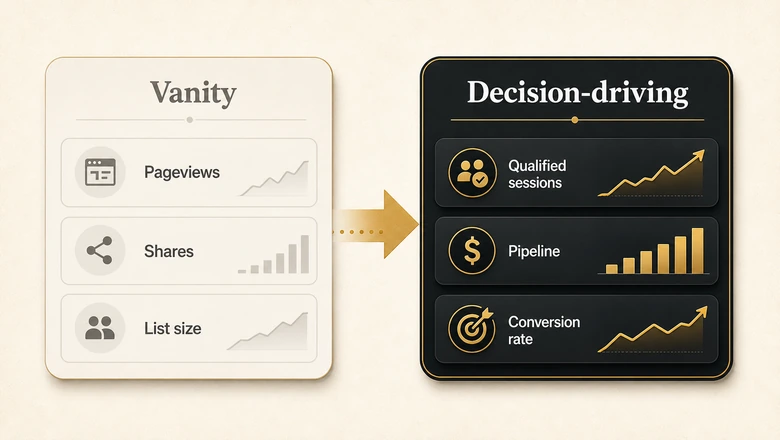 Vanity metrics versus decision-driving metrics on a content marketing dashboard, shown as two contrasting columns