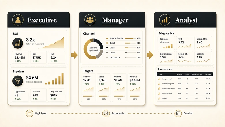 Three content marketing dashboard views by audience: an executive ROI view, a manager performance view, and an analyst diagnostic view
