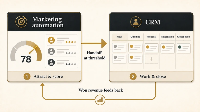 How CRM and marketing automation work together: marketing automation scores a lead, hands it off at a threshold, the CRM closes it, and revenue feeds back