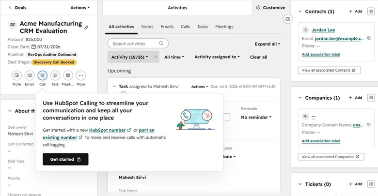 Example CRM interface showing a contact record, deal pipeline stages, and logged sales activity for one account
