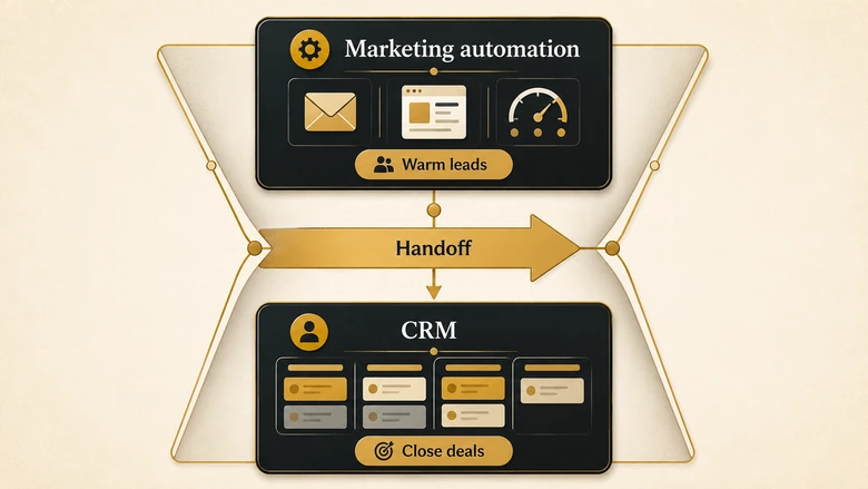 CRM vs marketing automation shown across a B2B funnel, with marketing automation warming leads at the top and a CRM closing deals at the bottom