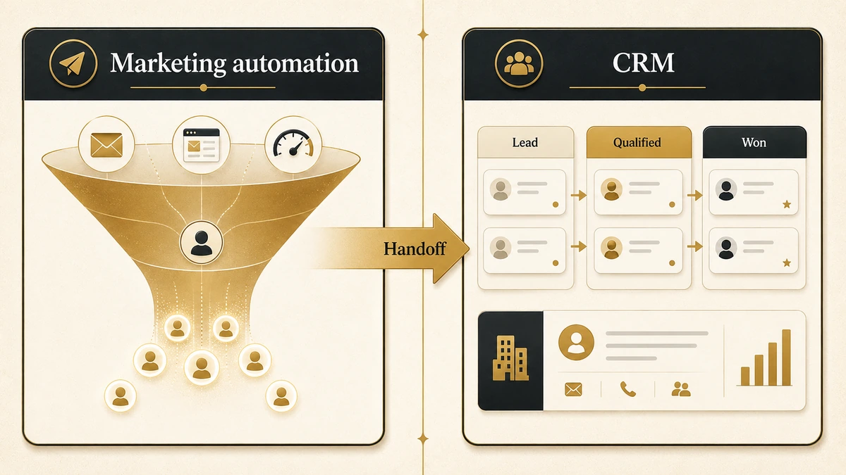 CRM vs marketing automation shown as two connected systems, with marketing automation warming leads and a CRM managing the handoff to sales.