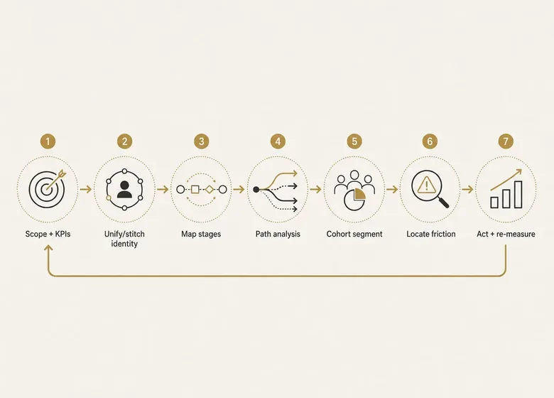 Seven-step process for running a customer journey analysis from scoping KPIs to acting on the biggest friction point