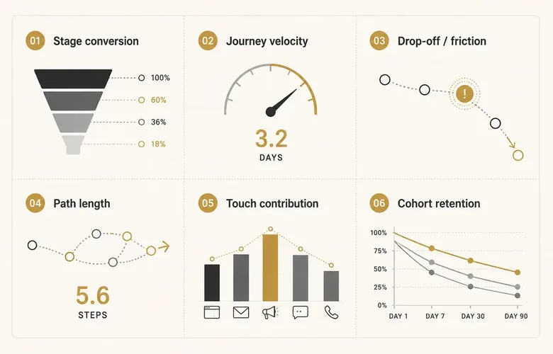 Customer journey analytics KPI panel showing stage conversion, journey velocity, drop-off, path length, and cohort retention