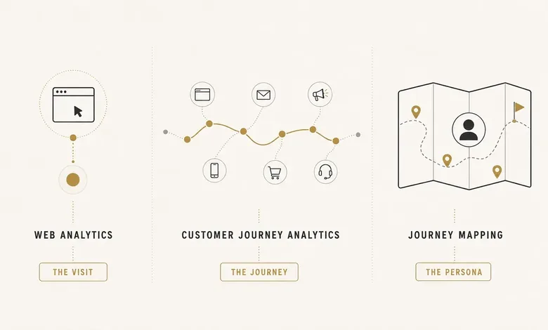 Diagram comparing customer journey analytics, web analytics, and journey mapping by what each measures and its unit of analysis
