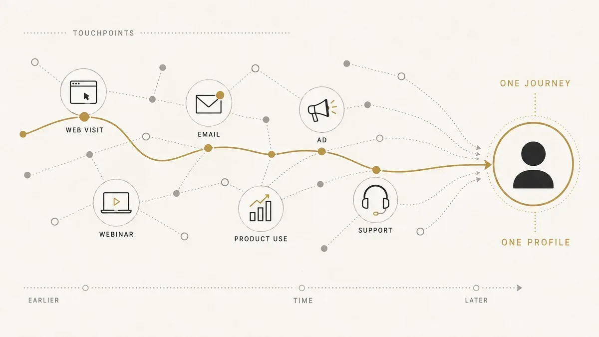 Customer journey analytics showing connected touchpoints, paths, funnel drop-offs, cohorts, and attribution insights