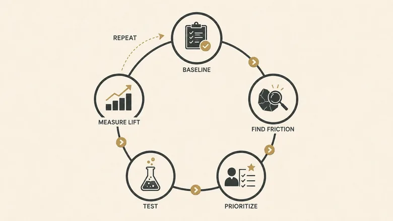 Diagram of the customer journey optimization loop: baseline, find friction, prioritize fixes, test, and measure lift