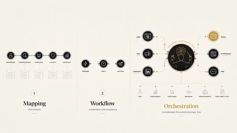 Customer journey orchestration vs a single automation workflow vs journey mapping, showing what each one coordinates