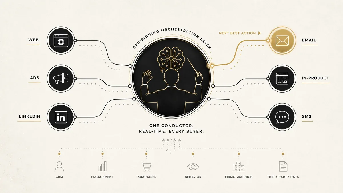 Customer journey orchestration coordinating real-time signals, decisions, channels, and next-best actions