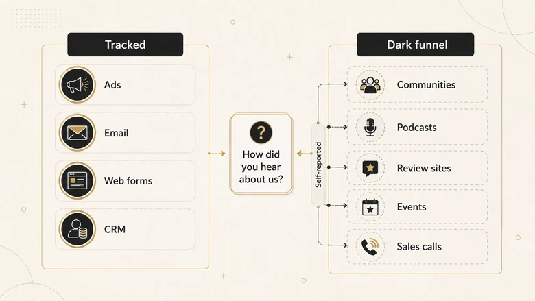 The dark funnel in B2B attribution, showing trackable touches versus untrackable offline and self-reported touchpoints