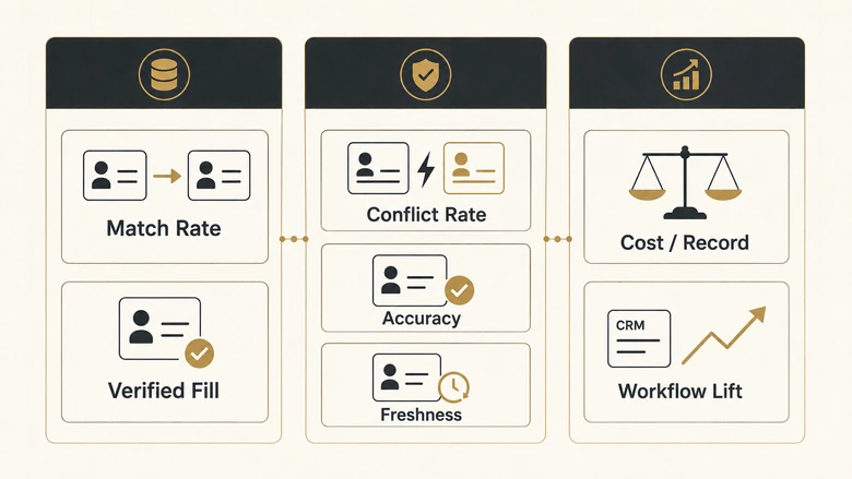 B2B data enrichment quality scorecard covering match rate, verified fill rate, conflict rate, freshness, cost, and business outcome